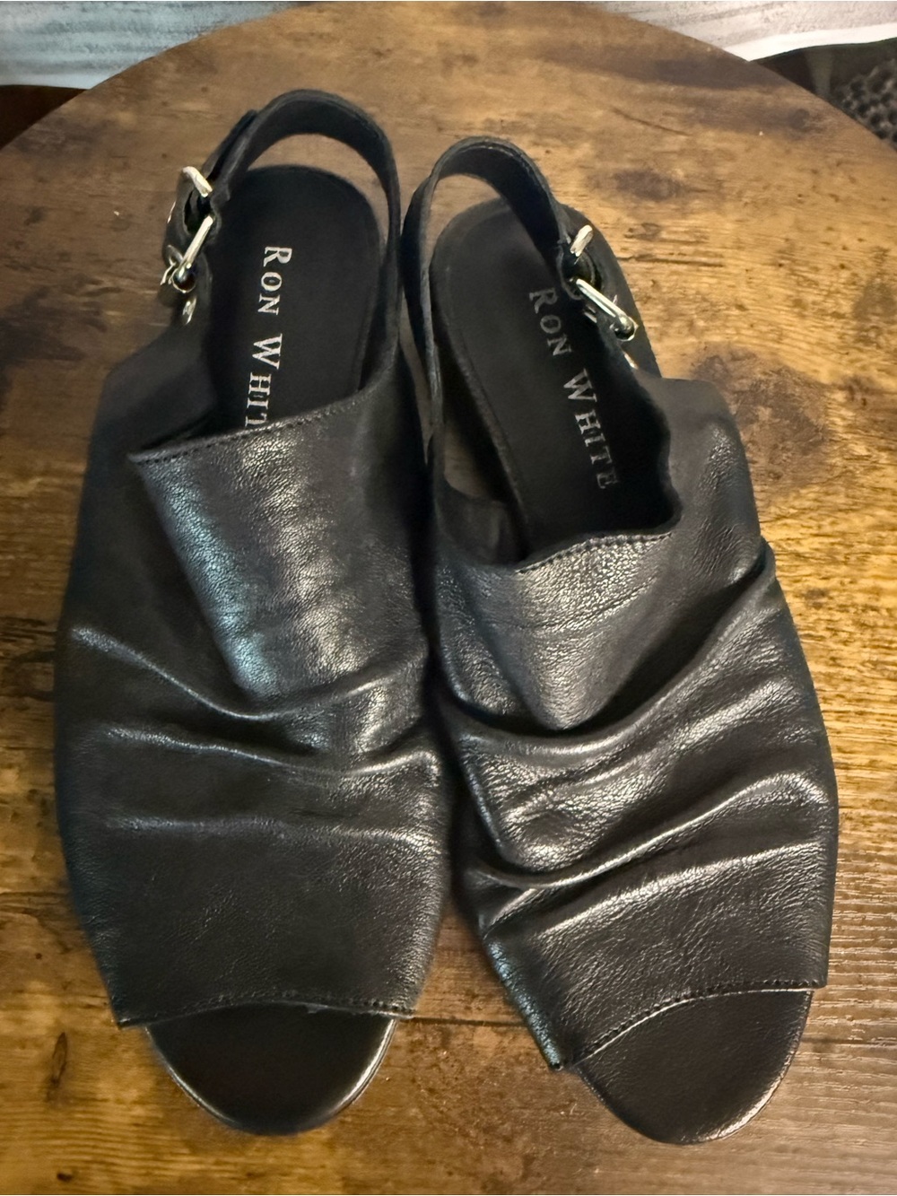 Ron White Black Leather Ruched Slingback Sandals